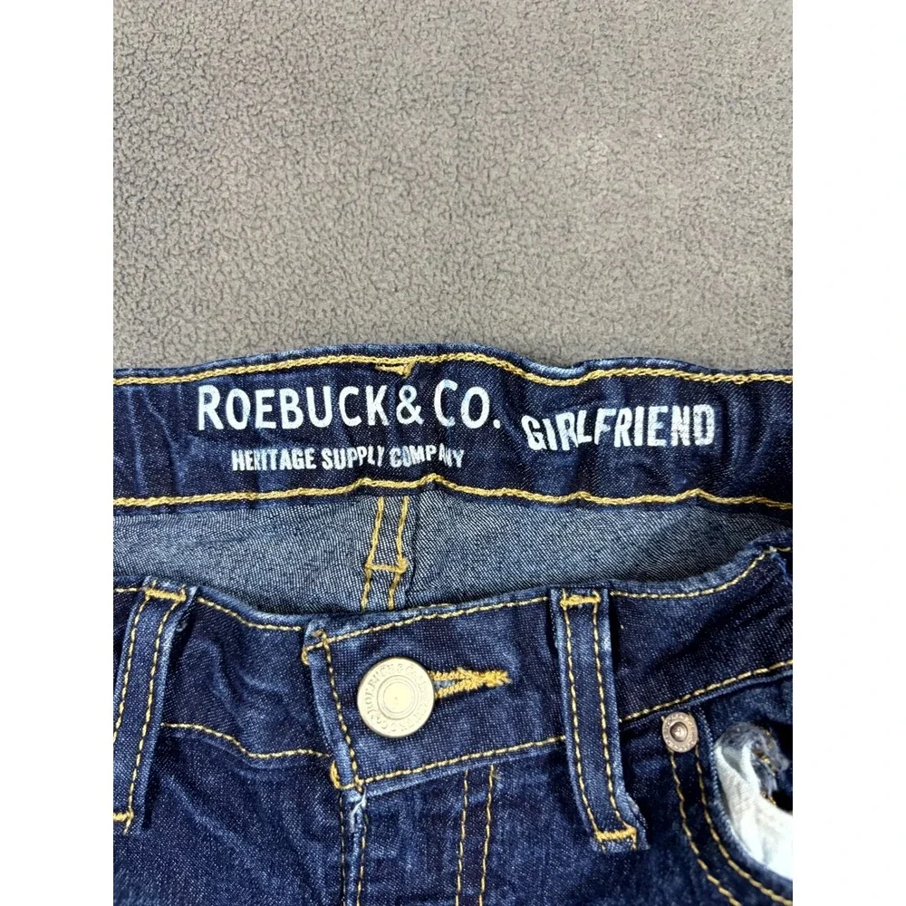 Roebuck & Co. Girlfriend Jeans Womens 14 Blue Denim Distressed Whiskered Outdoor